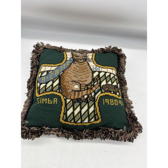 Vtg Needlepoint Tapestry Cat Throw Pillow 15”X 15”Home Decor W/ Fringe Handmade - Picture 5 of 6